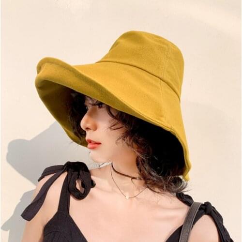 SUOGRY Spring Summer Sun Hat Anti-UV Women Wide Brim Hat Ladies Solid Cotton Bucket Hat Female Packable Fishing Cap Panama Hat