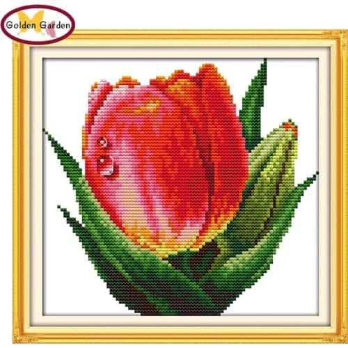 GG Red Tulip Flower Stamped Cross Stitch 11 14ct Embroidery Set Joy Sunday Chrinese Counted Cross Stitch Pattern for Home Decor