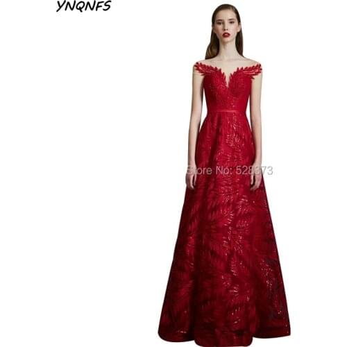 YNQNFS ED152 Normcore Elegant Red Evening Dresses Long Party Ball Sheer Short Sleeves Sparkly Mother of the Bride Dresses 2019