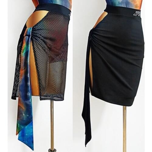 Latin Dance Skirt Womens Practice Dress Sexy Slit Cut Out Samba Rumba Tango Dance Skirt Adult Performance Black Skirt VDB2466