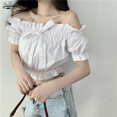 Summer 2021 Korea Style Short Tops Solid Cotton Off Shoulder Slim Short Sleeve Shirt for Women Sweet Sexy Lady Shirt Blusa 14361