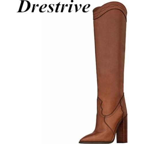 Drestrive 2020 Winter New Arrival Women Knee High Boots Pointed Toe Thin Heels 10 cm PU Leather Size 43 Brown High Heel Shoes