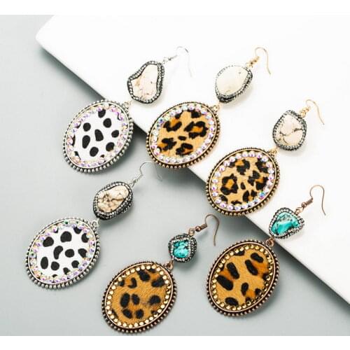 Fresh Natural Stone Embellished Paved AB Crystal Leather Leopard Oval Drop Earrings for Women Fashion Boutique Jewelry Wholesale