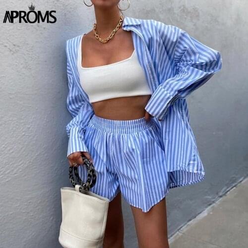 Aproms Blue Striped Oversized 2 Piece Set Women 2021 Summer Casual Long Sleeve Shirt and Shorts Cool Girls Holiday Fashion Suit