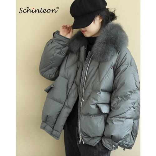 2020 Schinteon Women Down Jacket with 100% Real Fox Collar Loose Outwear Korean Style Coat Winter Jackets Fashion Over Size