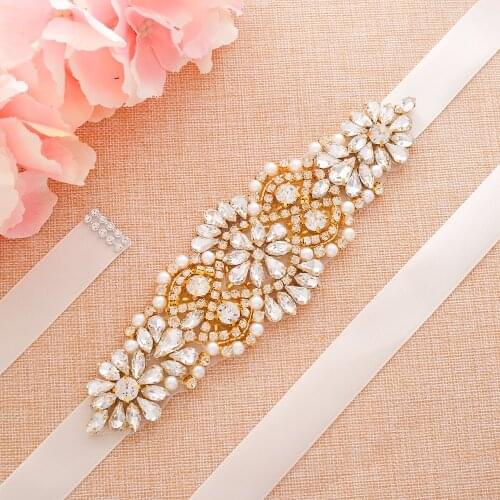 Pearls Wedding Belt Sash Gold Crystal Bridal Belt Rhinestones Wedding Sash For Bridal Bridesmaid Dresses J103G