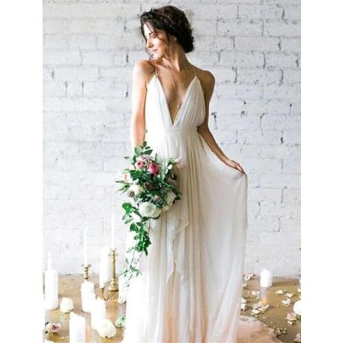 Vestidos noiva Simple Beach Wedding Dress V Neck Spaghetti Backless Bridal Wedding Dresses White Chiffon A Line Wedding Dress