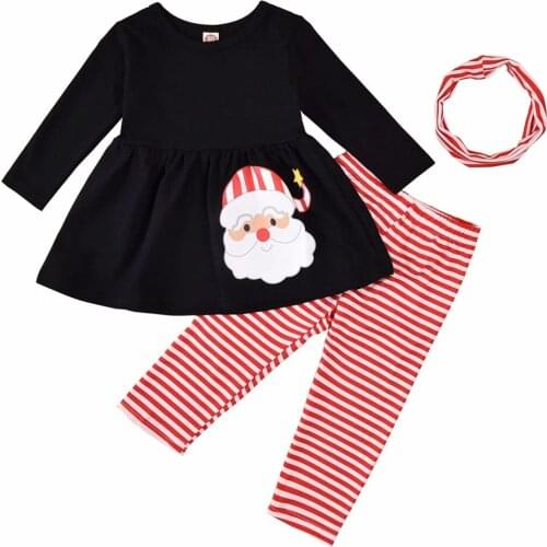 Toddler Infant Baby Girls 3 Pcs Christmas Outfits Suits Long Sleeve Cartoon Santa Loose Top + Stripe Long Pant + Headband 6M-4Y