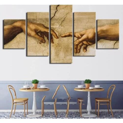 5 Pieces Hd Creation Of Adam Hand Of God Paintings Canvas Poster Wall Art Frame Modular Prints Pictures Home Modern Decorative