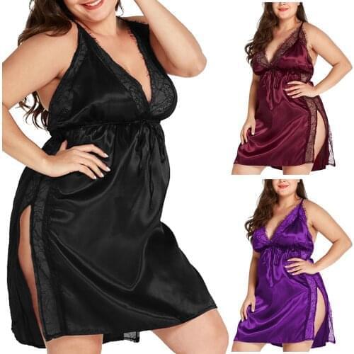 Be careful of machine slits sexy plus size Womens Sexy Eyelashes Lace Lingerie Nightdress With Side Slits הלבשה תחתונה סקסית T5