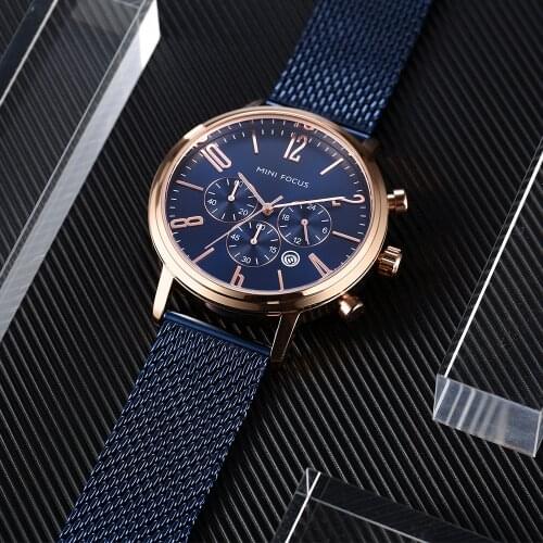 MINI FOCUS Royal Business Watch Men Quartz Clock Mesh Strap 3 Sub-dials 6 Hands Calendar Multifunction Fashion Wristwatches Man