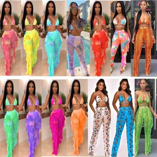 Echoine Sexy Bra Pants 2 Piece Set Ruffle Sheer Mesh Leopard Printed Beach Swim Suit Vacation Party Club Outfits Summer Bikini