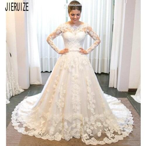 JIERUIZE Luxury Bridal Gowns Off Shoulder Illusion Full Sleeves Appliques Sheer Back With Bow Lace Wedding Dresses robe mariage