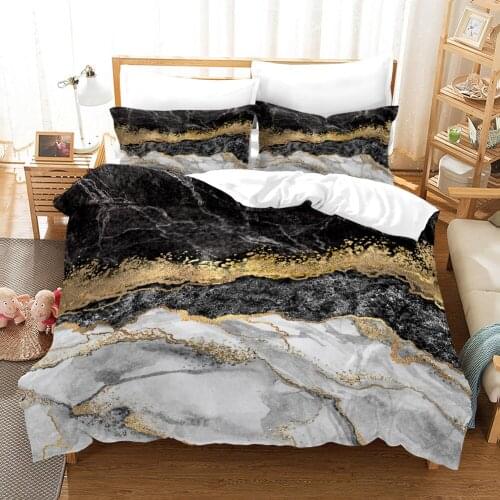 Marble Printed Bedding Set Black with Gold Stripes Duvet Cover for Adults King Size 3d Marble Quilt Double Bed Set Bed Linens