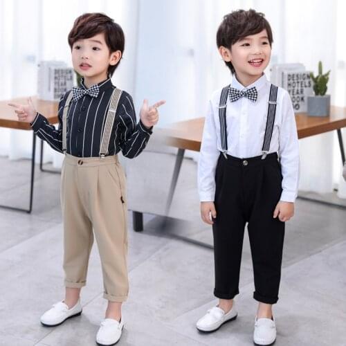 Boys Summer Formal T Shirt +Pants +Suspender+Tie 4PCS Clothing Set Kindergarten Kids Dress Children Chorus Performance Costume