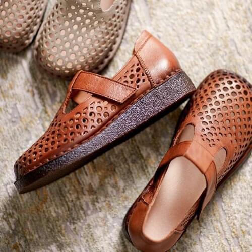 Flat Shoes women Loafers shoes Genuine Leather soft Hollow Sandals women Hook Loop summer shoes for women walking shoes
