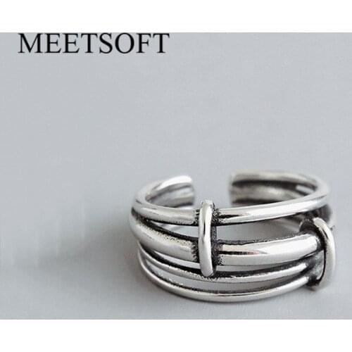 MEETSOFT Tibetan Silver Opening Ring For Women Simple Adjustable Retro Chain Double Layer Jewelry Gift