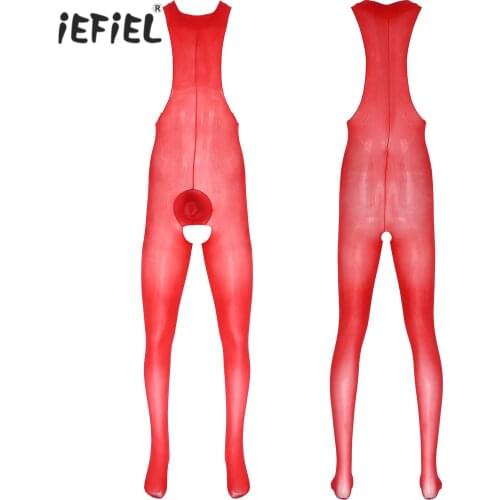 Men See-through Mesh Bodystocking Glossy O Neck Sleeveless Crotchless Romper Leotard Satin Bulge Pouch Open Butt Tights Bodysuit