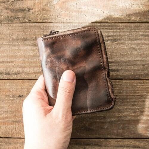 Retro Leather Zipper Wallet Men Mini Purse Card Holder Drivers License Women Vertical Young Wallet First Layer Cowhide Original