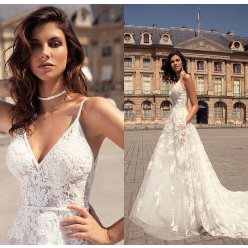 2020 New Wedding Dresses Spaghetti Strap Lace Appliques A Line Bridal Gowns Custom Made Sexy Open Back Sweep Train Wedding Dress