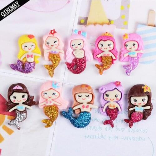 QIBU 10pcs Multi Type Planar Resin Craft Supplies Cartoon Mermaid Princess Arts for Bow Maker Flatback Planar Resin Accessories
