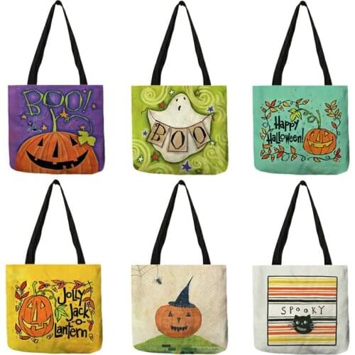 Happy Halloween Large Capacity Shopping Handbags Women Cloth Totes Cute Cartoon Twig Tree Boo Ghost Pumpkin Print Shoulder Bags