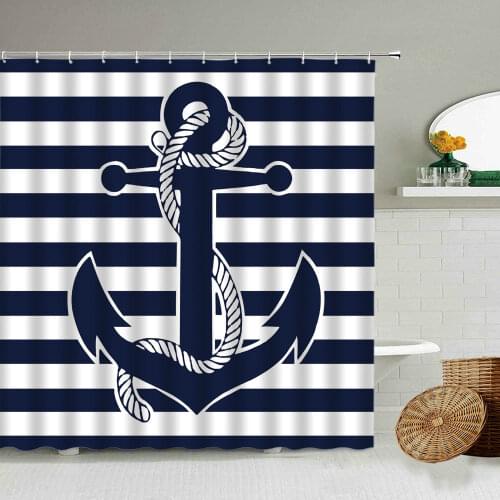 Nordic Mediterranean Cartoon Nautical Bathroom Shower Curtain Blue Anchor Print Boy Child Bathtub Waterproof Polyester Curtains