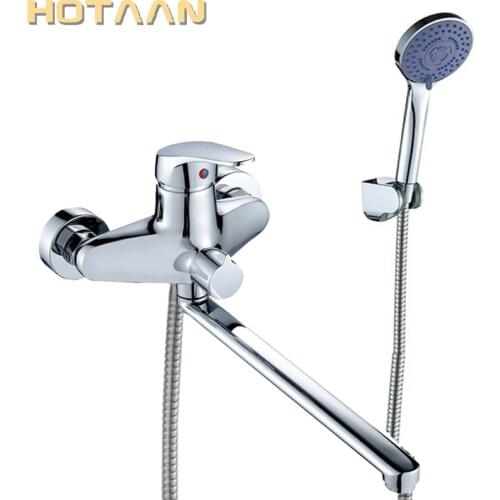 Hotaan 1set 30cm Silver Outlet Pipe Bath Shower Faucet Set Zinc Alloy Body Shower Head Bathroom Tap Chrome Bathtub Faucet YT5358