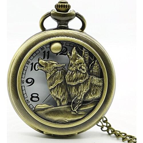 Vintage bronze Moon Wolf Hollow Quartz Pocket Watch Necklace Pendant Men Women Gifts Clock