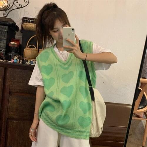Vintage Preppy Style Korean V-Neck Cute Heart-shaped Sleeveless Sweet Color Contrast Pullover Casual Loose Knitting Vest Sweater
