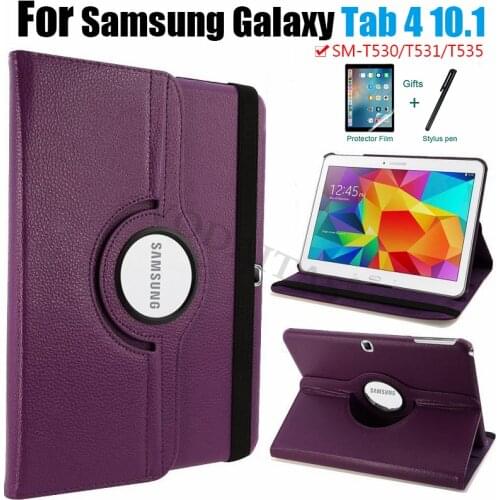 Rotating Stand PU Leather Case for Samsung Galaxy Tab 4 10.1(2014) SM-T530/SM-T531/SM-T535 Tablet Funda Capa Cover+Free Film+Pen
