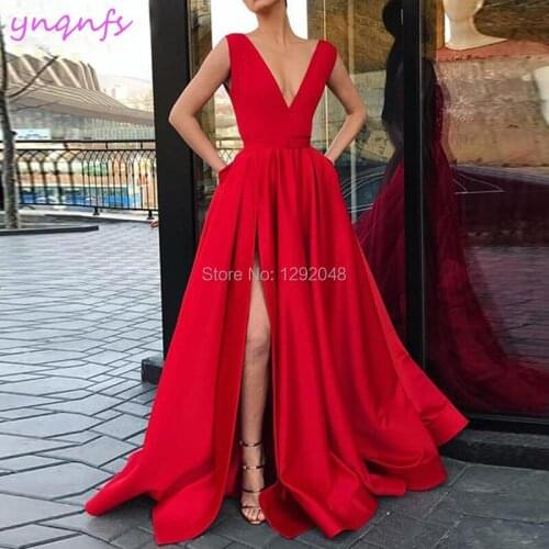 YNQNFS P54 Satin V Neck Sexy High Leg Slit Open A Line Long Plus Size Red Prom Dress 2019