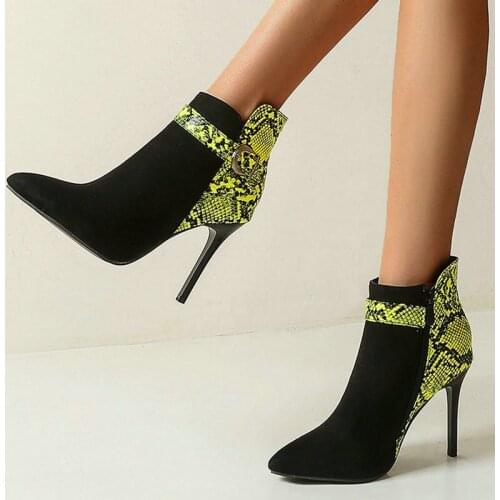 2020 New Faux Suede Women Ankle Boots Fashion Mixed Color Snake Print Women Sexy Boots Thin Heel Pointed Toe Ladies Boots