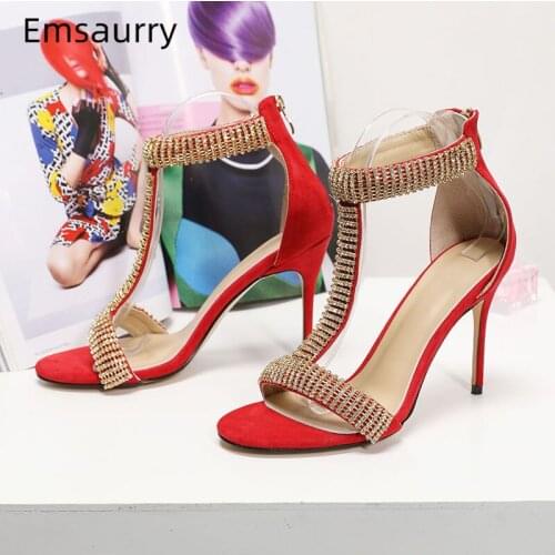 Jeweled Luxury Crystal T-strap Sandals Women 10cm Thin Heel Open Toe Cover Heel Black Suede Summer Shoes Woman