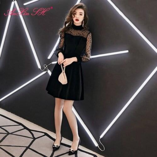 AXJFU princess high neck black lace short evening dress vintage illusion long sleeve Wave point evening dress little black dress
