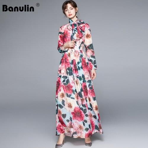 Runway Holiday Maxi Dresses 2021 Summer Women Long Sleeve Floral Print Sashes Pleated Boho Chiffon Long Dresses With Scarf