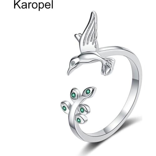 Karope 925 Sterling Silver New Womens Fashion Jewelry High Quality Crystal Zircon Leaf Bird Simple Opening Adjustable Ring