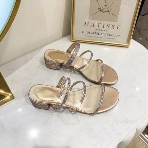 2019 Fashion Rome Slip-On Women Sandals Flip Flops Solid Round Toe Pearl Buckle Causal Sandals Shoes