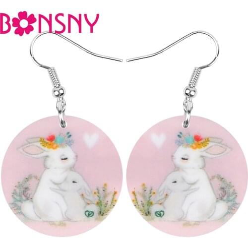 Bonsny Acrylic Round Easter Hare Rabbit Bunny Pet Earrings Animal Dangle Drop Jewelry For Women Girl Charm Festival Jewelry Gift