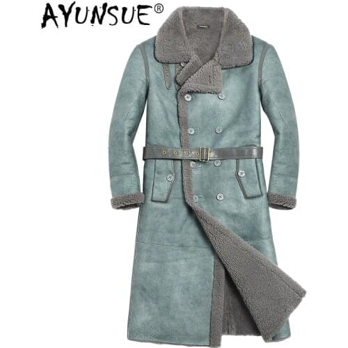 AYUNSUE Winter Sheep Shearling Jacket Mens Genuine Leather Jacket Long Sheepskin Coat for Men Natural Wool Fur Coat 816 KJ1134
