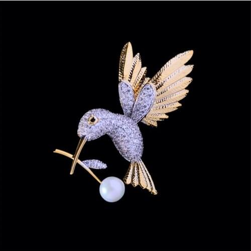 OKILY Delicate Golden Bird Brooch Pin for Men Suit Accessories Animal Woodpecker Pearl Women Scarf Buckle Christmas Gift