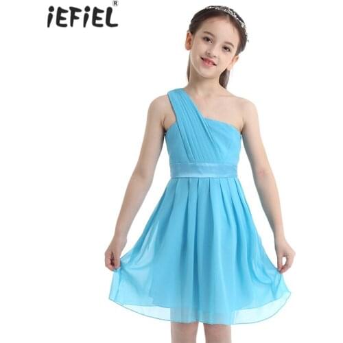 Kids Girls Pleated Chiffon One-shoulder Flower Girl Dress Princess Pageant Wedding Cutout Back Birthday Party Girl Dress SZ 4-14