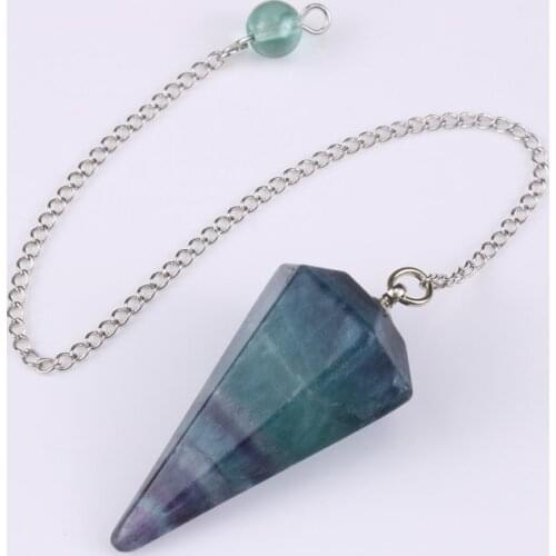 FYSL Silver Plated Hexagon Pyramid Fluorite Stone Pendant Link Chain Pendulum for Dowsing Jewelry