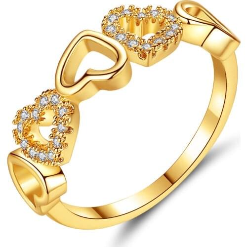 Hainon Gold Color Hollowe One Row Heart Shape Ring Design Cute Fashion Love Wedding Engagement Jewelry For Women Young Girl
