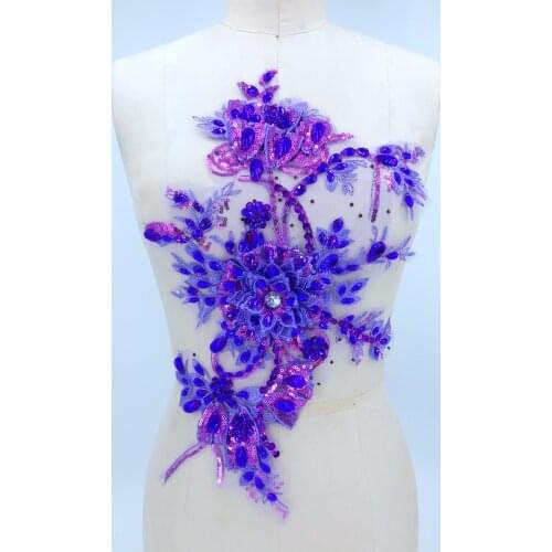 Sew on purple rhinestones lace applique crystals triming patches 42*27cm for dress DIY accessories
