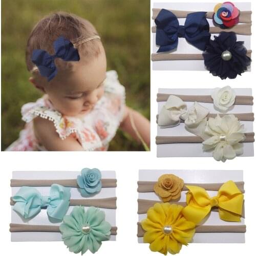 Cute 3pcs/lot Kids Elastic Floral Headband Pearl Button Girls Baby Bowknot Elastic Bands Hairband Set Girls Hair Accessories