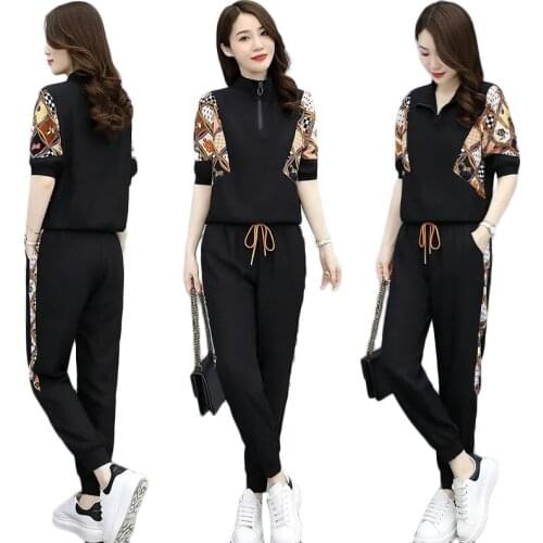 Fashion Suit Women Summer 2021 New Sports Two-Piece Suits Womens Short-Sleeve Pullover Top And Trousers Casual Sets Large Size