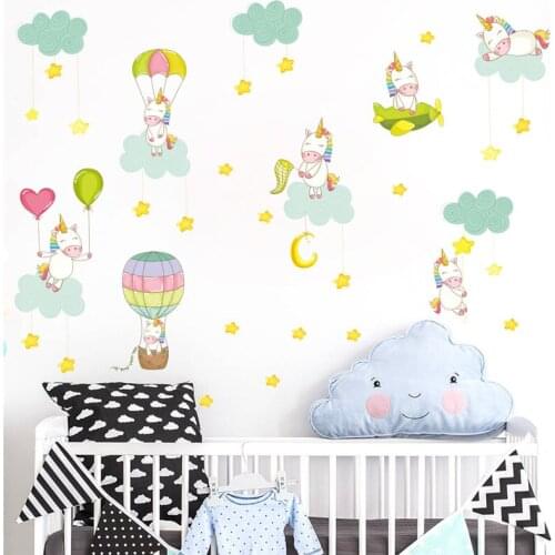 Cartoon Unicorn Moon Star Parachute Height Measure Wall Stickers Kids Room Children Bedroom Nursery Wall Decal Poster Mural