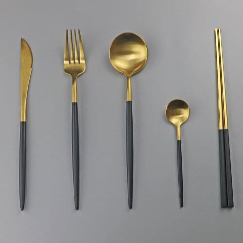 5pcs Black Gold Portable Dinnerware Set 304 Stainless Steel Flatware Matte Set Family Dinner Knife Fork Spoon Chopsticks Cutlery
