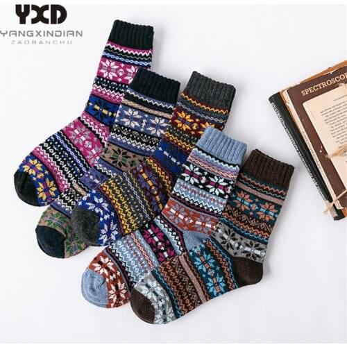5 pairs/Mens Socks Winter Thicker Warm Thermal Long Christmas Socks National Style Snow Print Wool Socks Gift For Men Socks Man